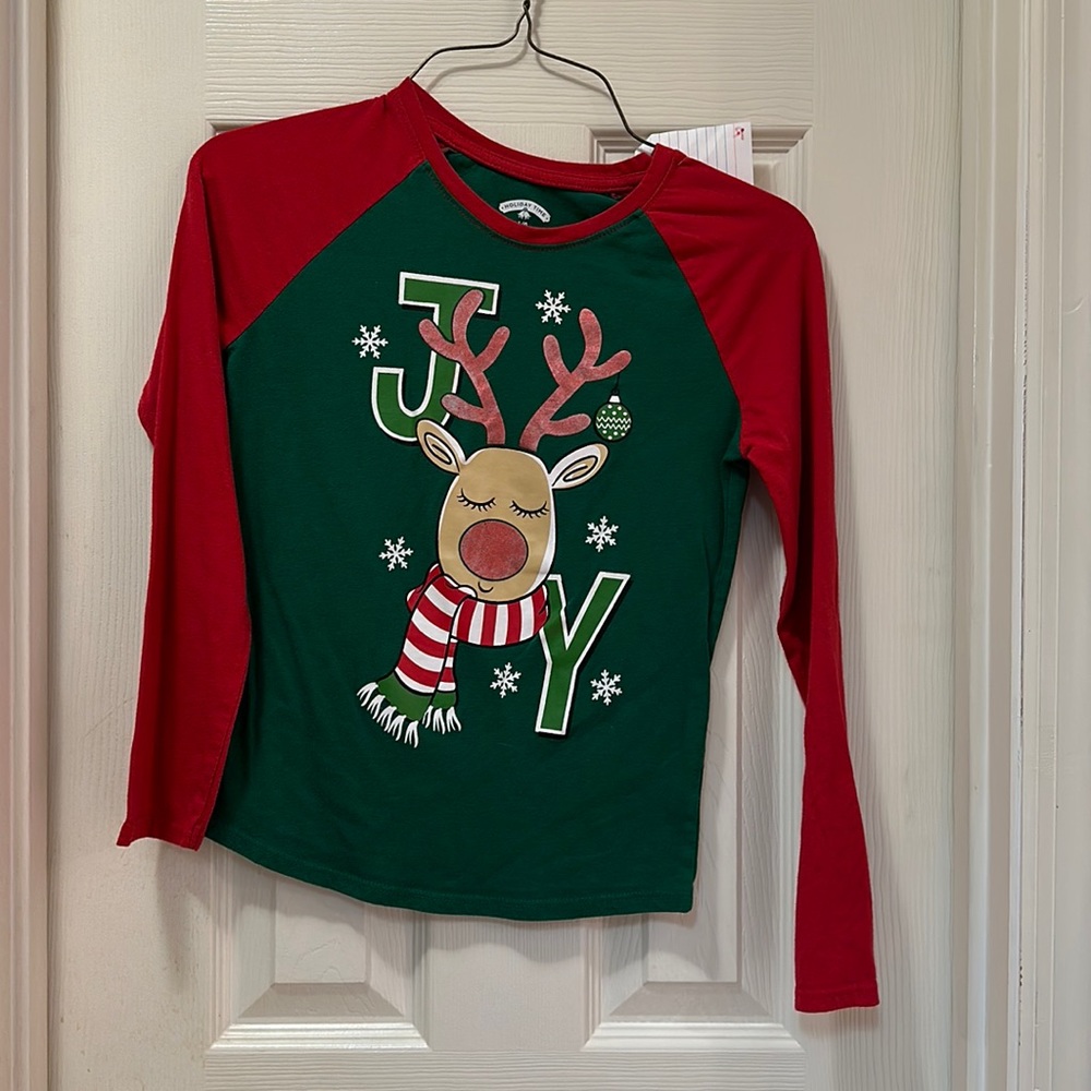 Red and green raglan style Christmas shirt.